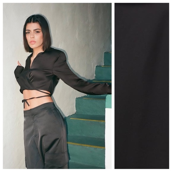 NWT. Zara Black Satin Long Sleeves Collared Cropped Shirt with Ties. Size S. - Picture 1 of 8